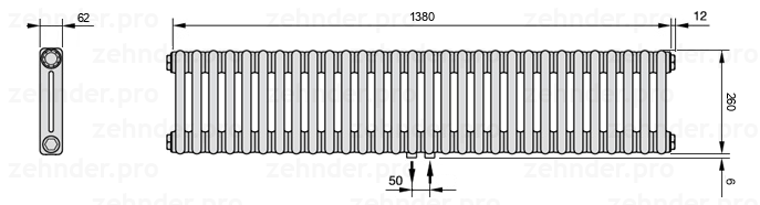 Схема (чертеж) Радиатор Zehnder Charleston 2026/30 №5410 Белый глянцевый RAL 9016